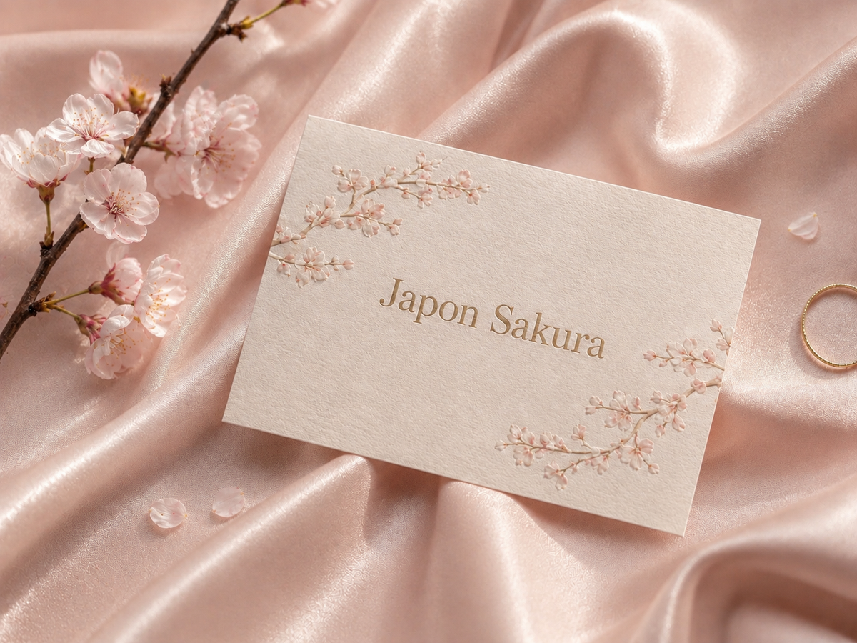 Carte “Japon Sakura” posée sur un satin rose poudré avec branches de fleurs de cerisier, dans une composition premium, élégante et raffinée d’inspiration japonaise.

