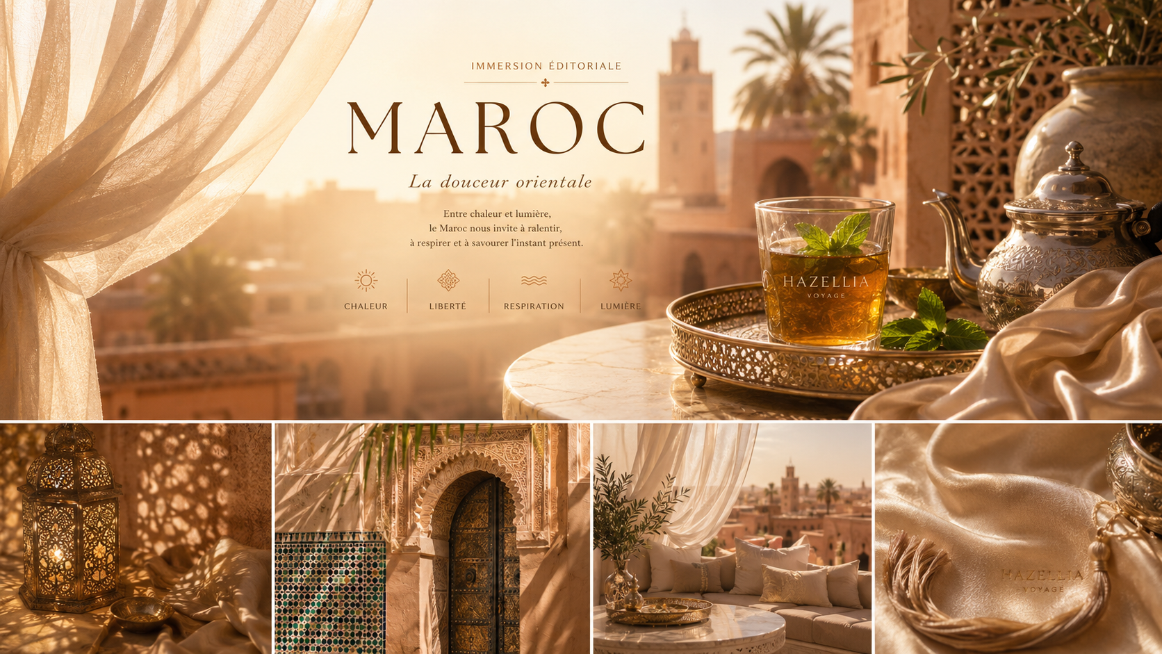 Terrasse marocaine luxueuse avec thé à la menthe, voilage beige doré, architecture orientale élégante et ambiance éditoriale premium inspirée de l’univers Hazellia Voyage Maroc. 

