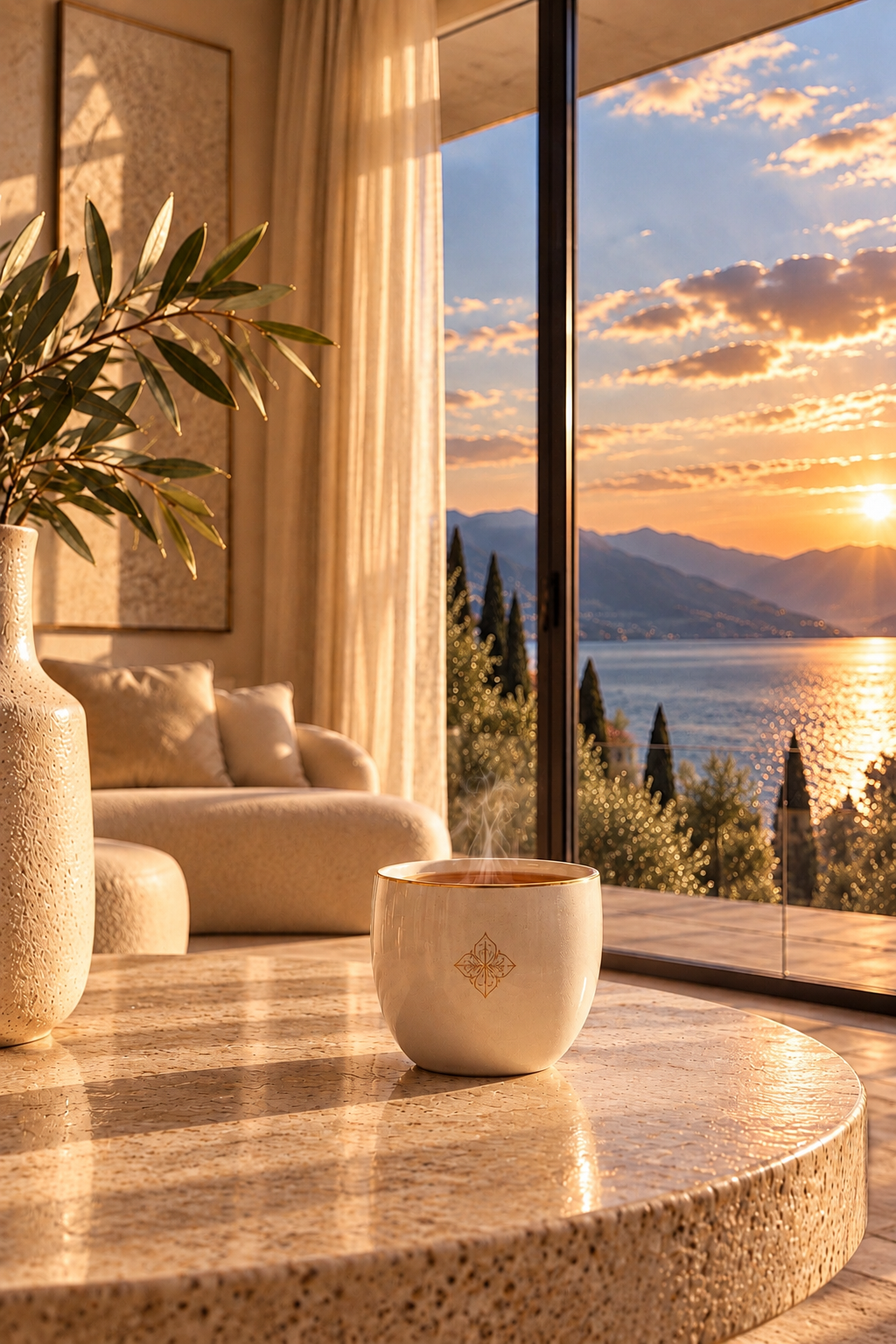 Mug en céramique Hazellia dans un intérieur contemporain italien baigné de lumière, avec une infusion premium et une vue sur le lac au coucher du soleil.

