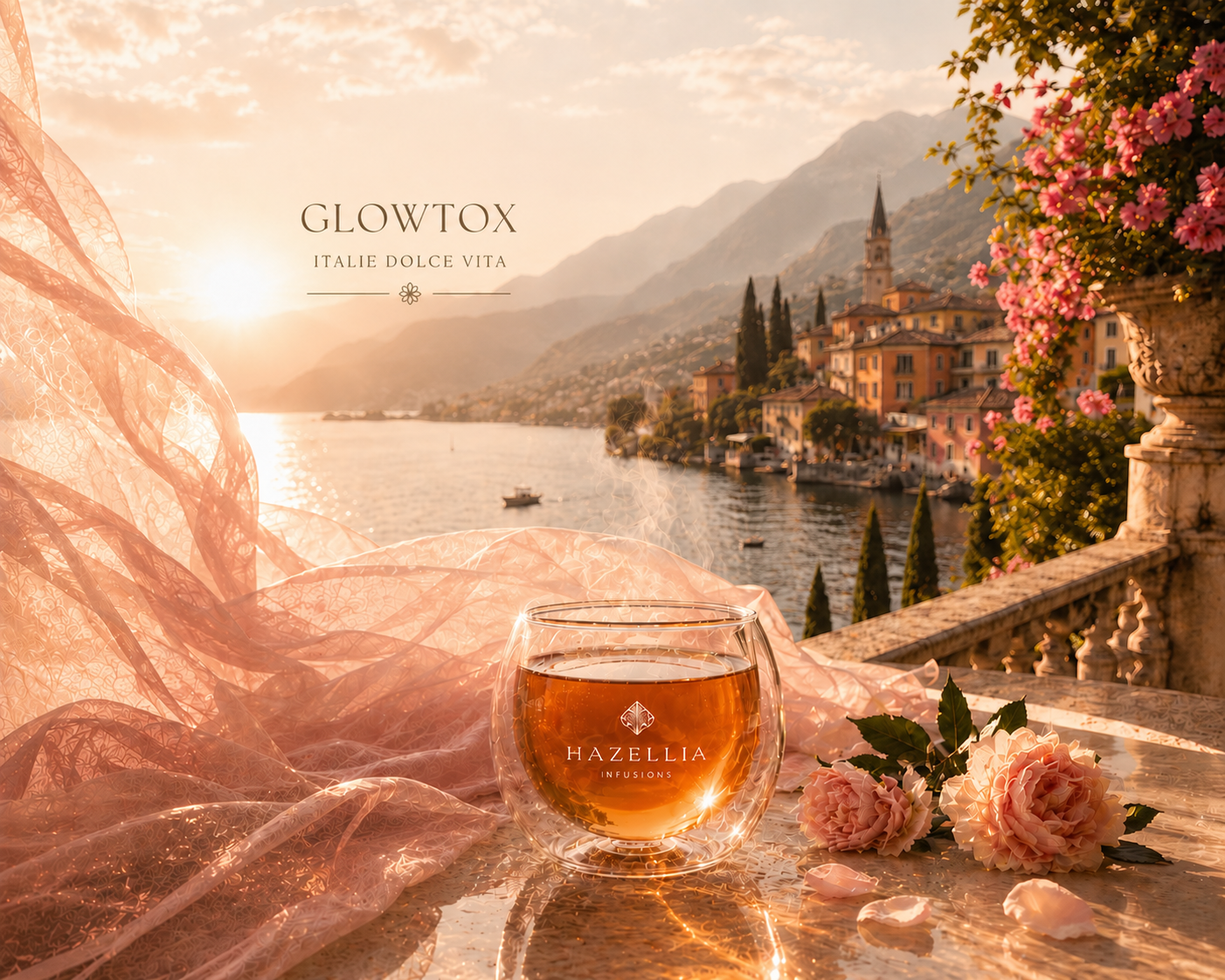 Infusion GlowTox Hazellia dans une tasse en verre double paroi face à un paysage italien au coucher du soleil, rituel d’infusion Italie Dolce Vita entre élégance, lumière dorée et évasion.

