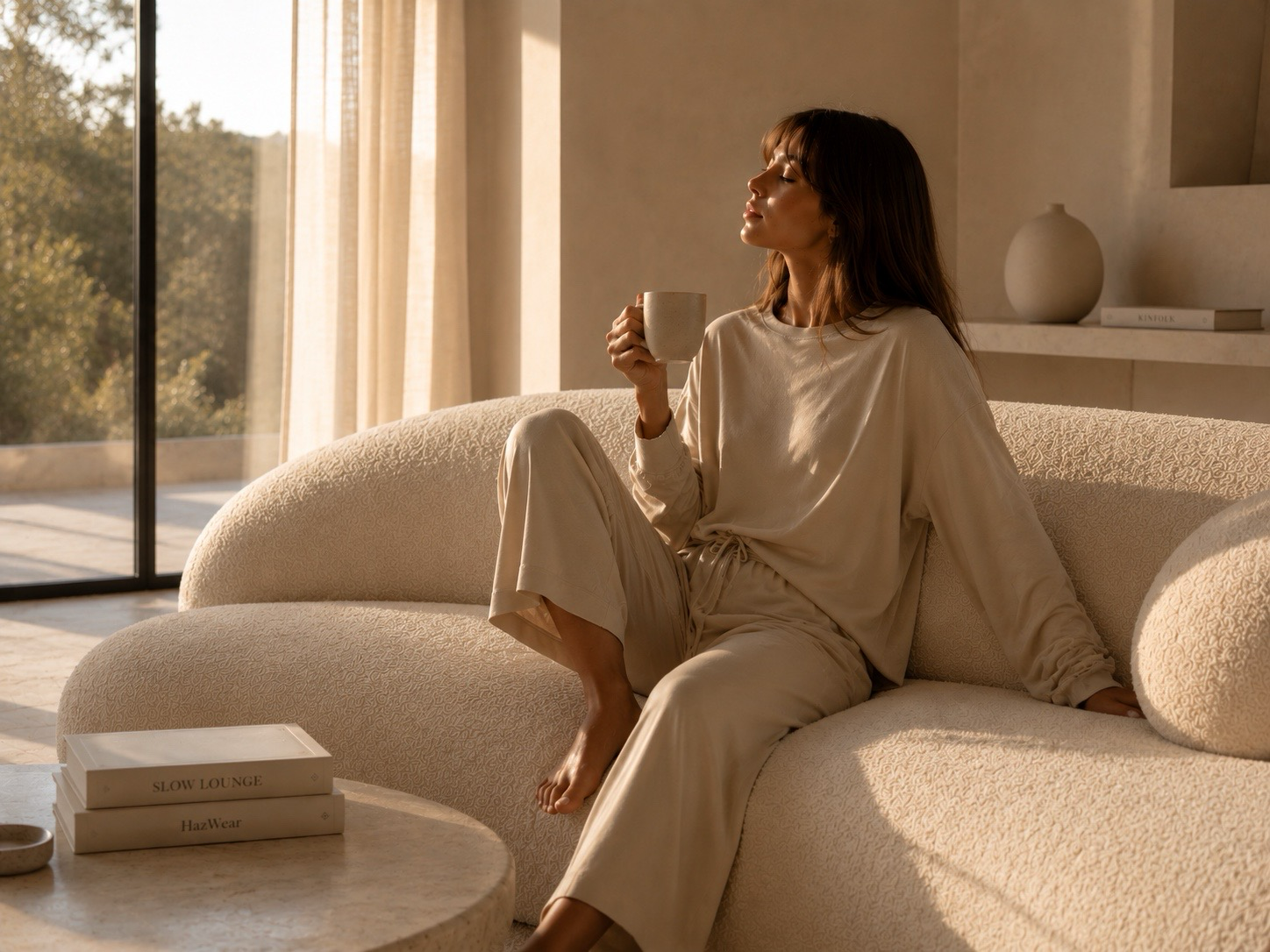 Femme en tenue Slow Lounge HazWear sur canapé bouclé crème avec lumière dorée, mug design en céramique et ambiance luxe minimaliste par Hazellia

