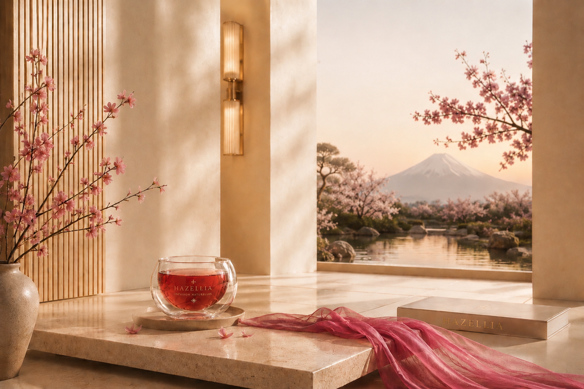 Univers Japon Sakura de la Femme Magnétique Hazellia, décor contemporain aux fleurs de cerisier et infusion BerryGlow

