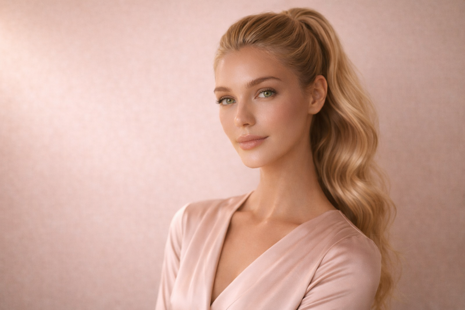 Femme blonde au teint lumineux portant un haut satin rose poudré manches longues, univers HazBeauty minimaliste par Hazellia.


