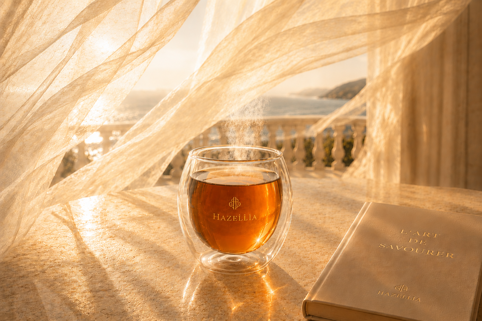 Rituel d’infusion Hazellia dans un mug double paroi ambré, lumière dorée, voilage aérien et terrasse élégante face à la mer, symbole de l’art de savourer et du slow living féminin.

