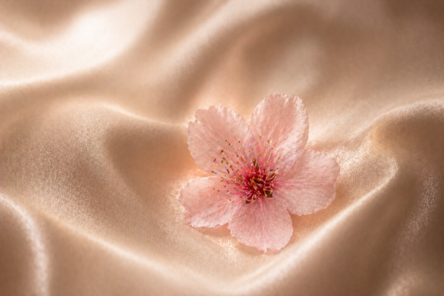 Fleur de cerisier rose poudré sur satin beige champagne, lumière douce et ambiance luxe féminin – symbole de douceur et romantisme Hazellia Pink Elixir

