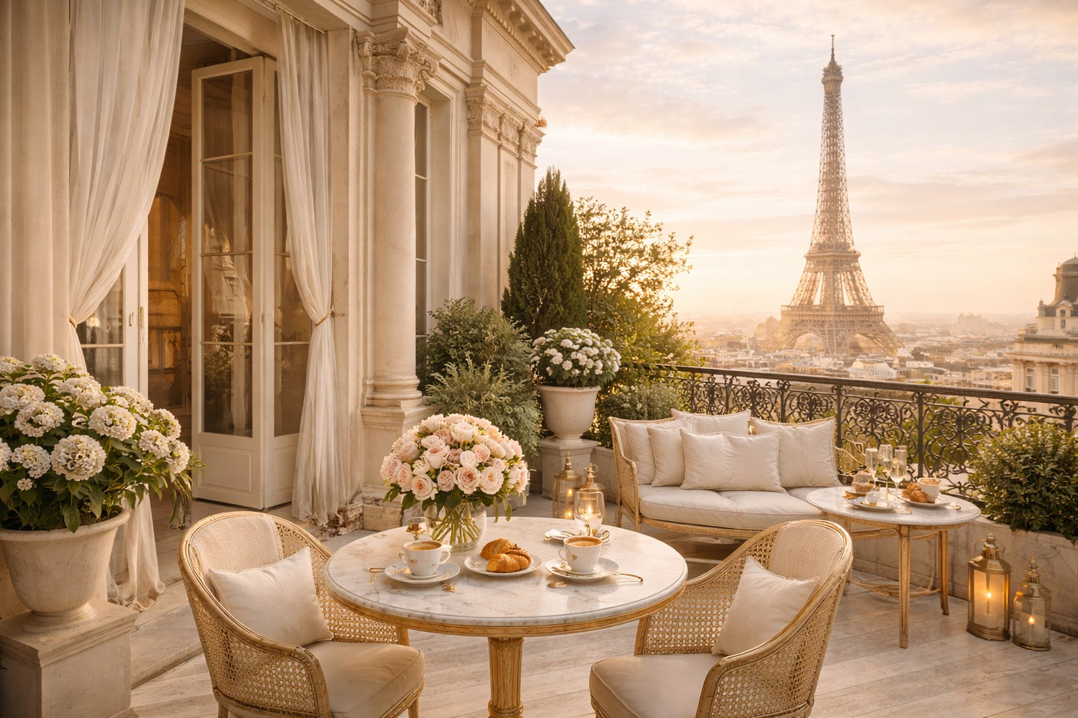 Terrasse parisienne chic avec architecture beige et détails dorés, ambiance élégante et minimaliste inspirée de l’art de vivre français Hazellia
