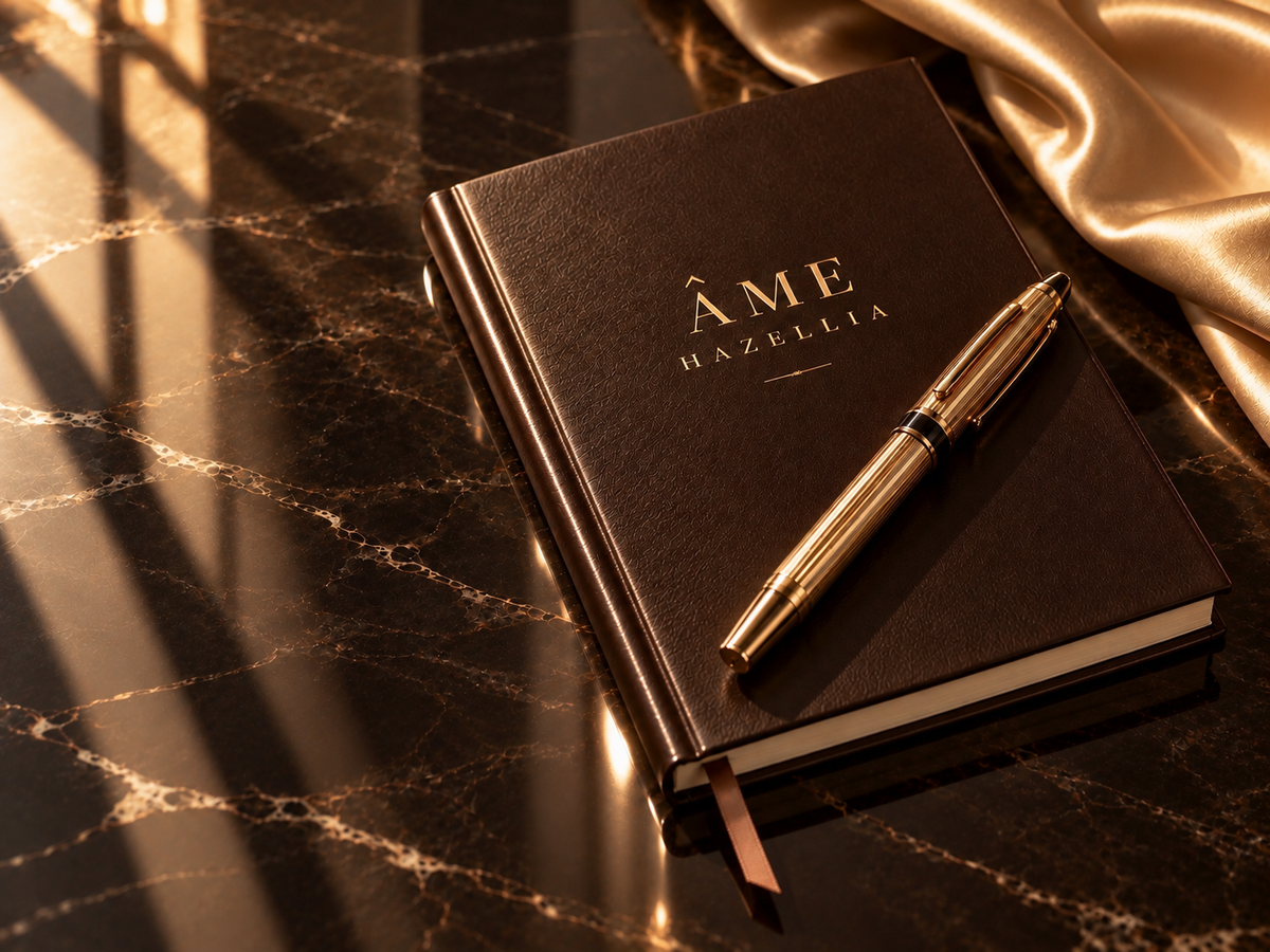 Carnet marron chocolat et stylo doré sur marbre brillant, dans une lumière dorée élégante, pour l’univers éditorial premium Âme Hazellia.

