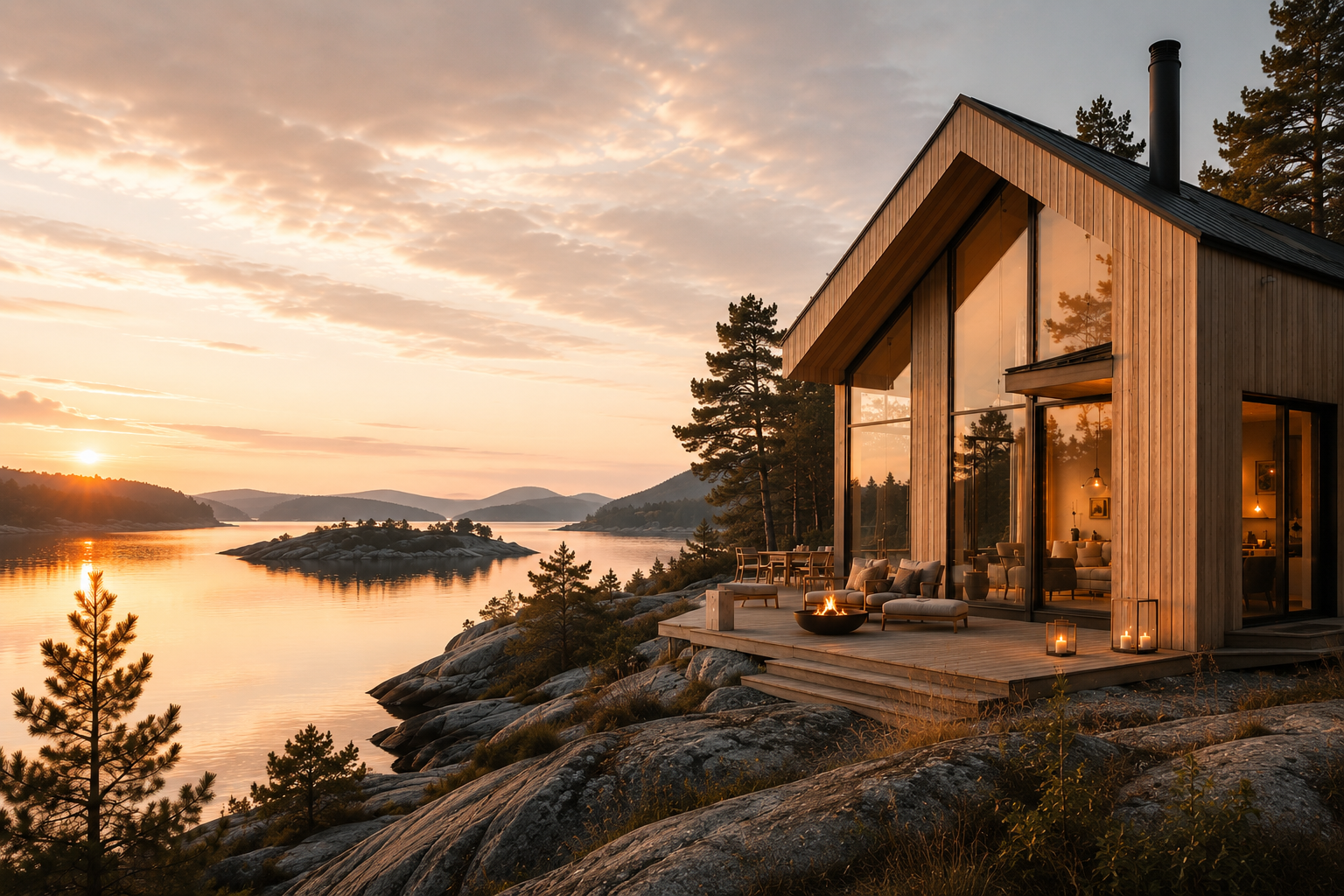 Chalet scandinave de luxe au bord d’un lac nordique au coucher du soleil, architecture contemporaine en bois et ambiance cocooning – Hazellia Voyage Scandinavie

