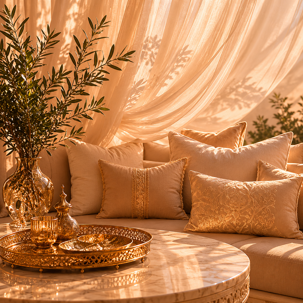 Terrasse marocaine luxe Hazellia Voyage au coucher du soleil — voilage beige aérien, coussins premium, table marbre doré et ambiance chaleureuse inspirée du Maroc élégant.

