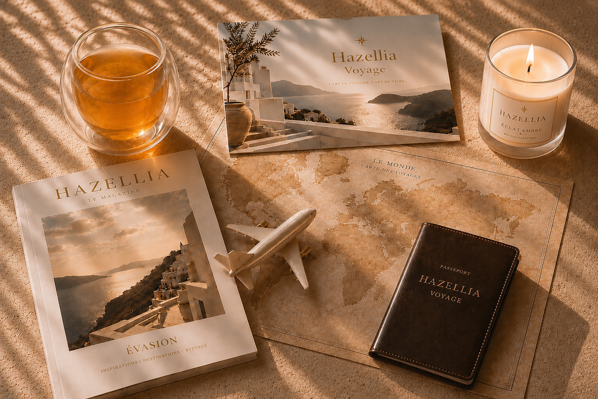Rituel Hazellia Voyage inspiré de la Turquie avec mug signature, magazine, passeport de voyage et carnet d’évasion.