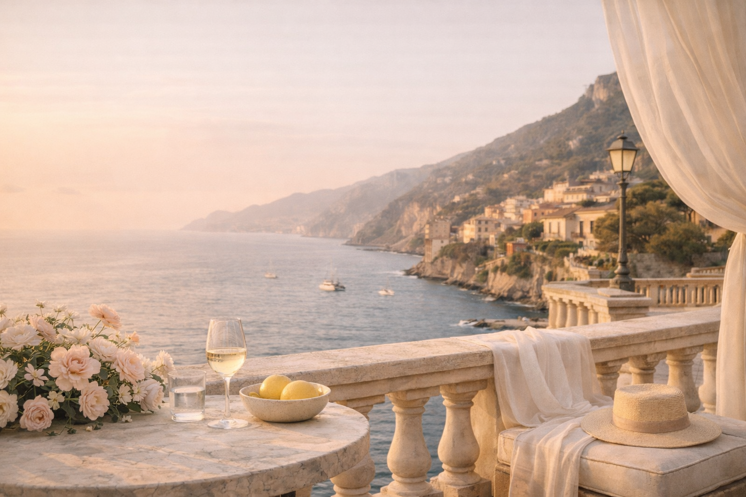 Terrasse romantique sur la côte italienne face à la mer dans l’esprit Dolce Vita

