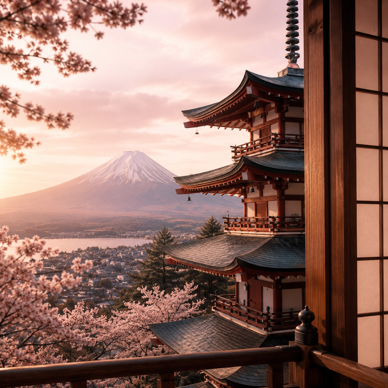 Architecture japonaise élégante avec pagode traditionnelle et vue inspirée du Mont Fuji dans une ambiance rosée et lumineuse au style éditorial luxe Hazellia Voyage

