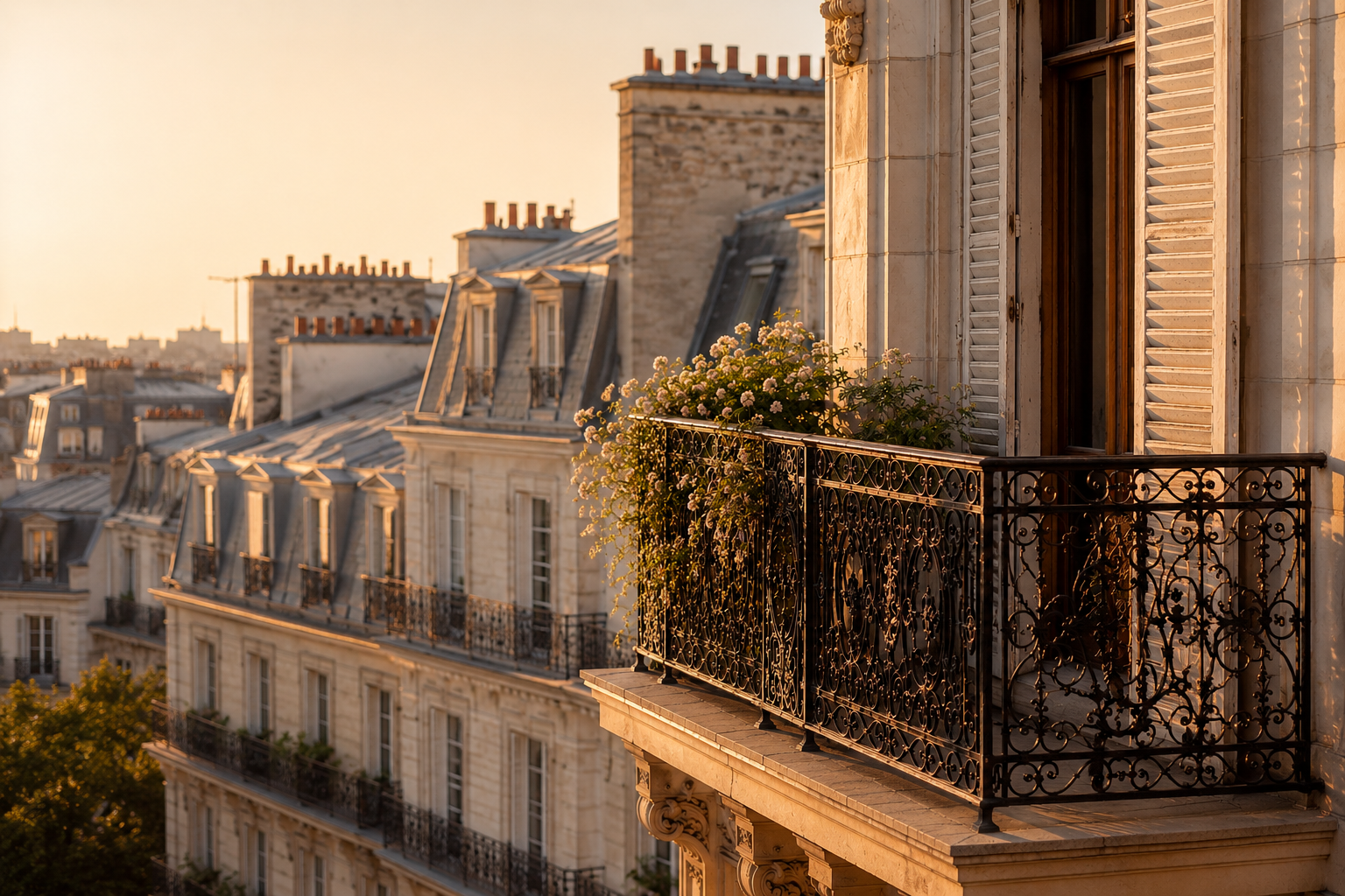 Balcon haussmannien baigné de lumière dorée au coucher du soleil, avec ferronnerie noire élégante, fleurs poudrées et vue sur les toits parisiens dans une ambiance luxe éditoriale inspirée de Paris et de l’univers Hazellia.

