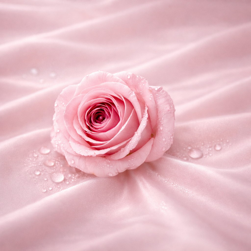 Rose rose pâle posée sur satin rose poudré symbolisant la femme Glamour Rose Ritual de la collection d’infusions Hazellia.
