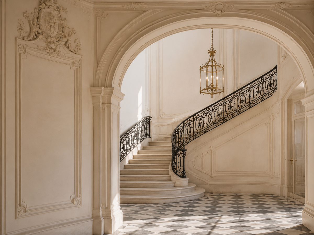 Escalier haussmannien en pierre claire avec ferronneries noires dans un intérieur parisien ivoire et beige – Paris Intemporel Hazellia

