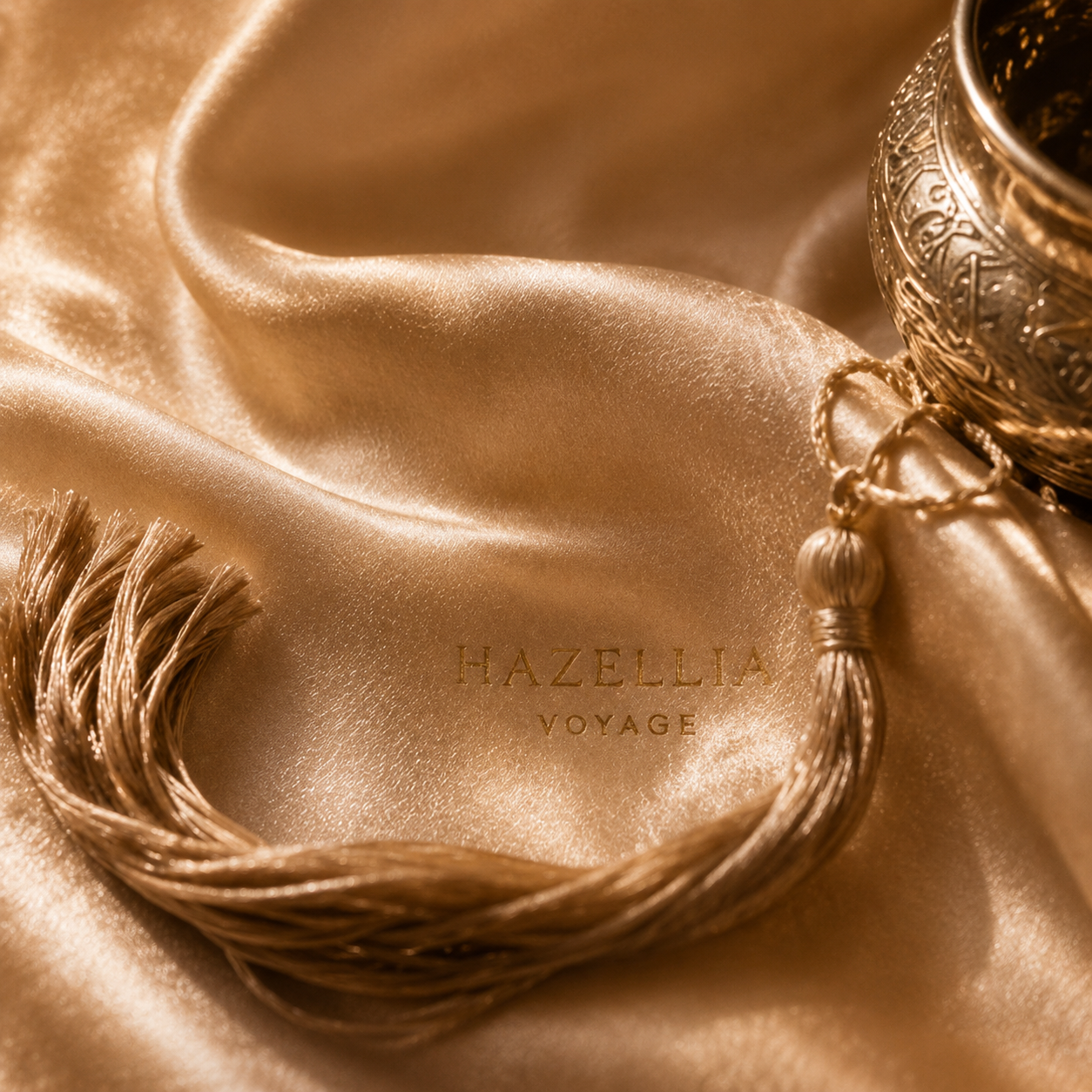 Détail satin doré Hazellia Voyage Maroc — texture luxe beige champagne avec pampille orientale élégante et ambiance éditoriale inspirée du Maroc, univers raffiné et lumineux

