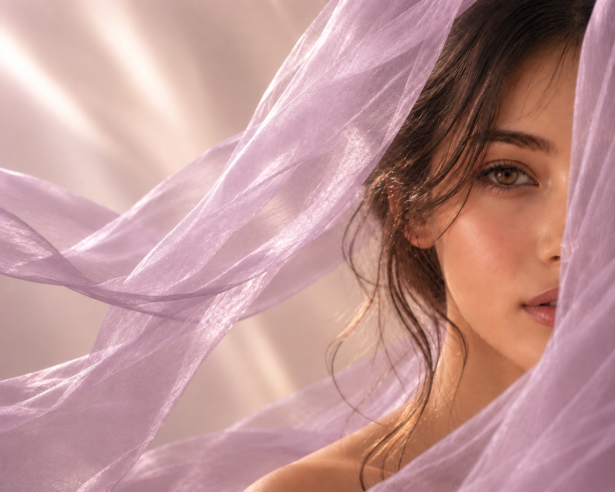 Femme Romantique Hazellia enveloppée d’un voile mauve opalin, portrait éditorial lumineux et raffiné de l’univers Muse Opal.

