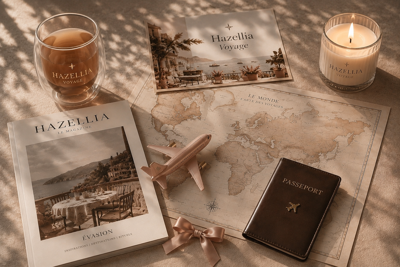 Univers féminin Hazellia Voyage avec ambiance cocooning luxe, passeport, carte du monde et rituel d’infusion chaleureux
