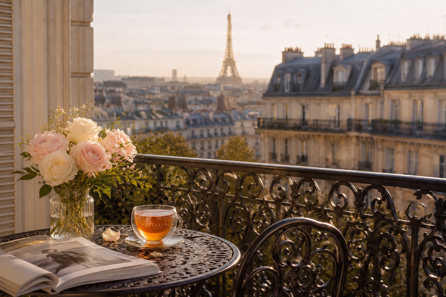 Infusion BerryGlow sur un balcon parisien avec vue sur la Tour Eiffel – univers Paris Intemporel Hazellia Voyage

