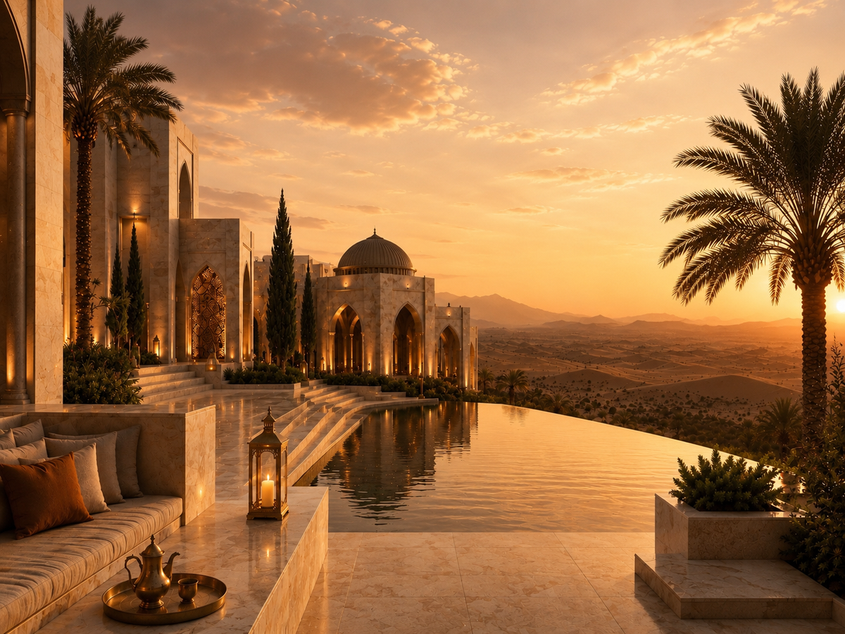 Orient Doré | Hazellia Voyage – Architecture orientale contemporaine, terrasse en marbre ivoire, désert, palmiers et lumière dorée dans un univers de voyage luxueux.