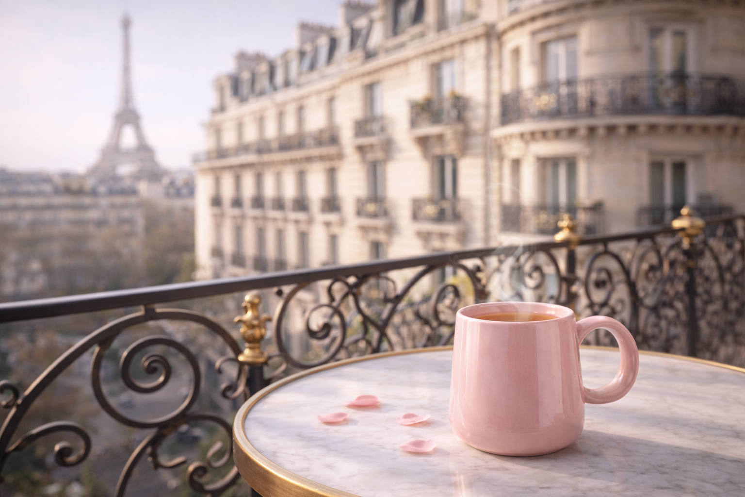 Infusion Hazellia dans un mug rose sur balcon parisien avec vue sur la Tour Eiffel, ambiance élégance du matin.

