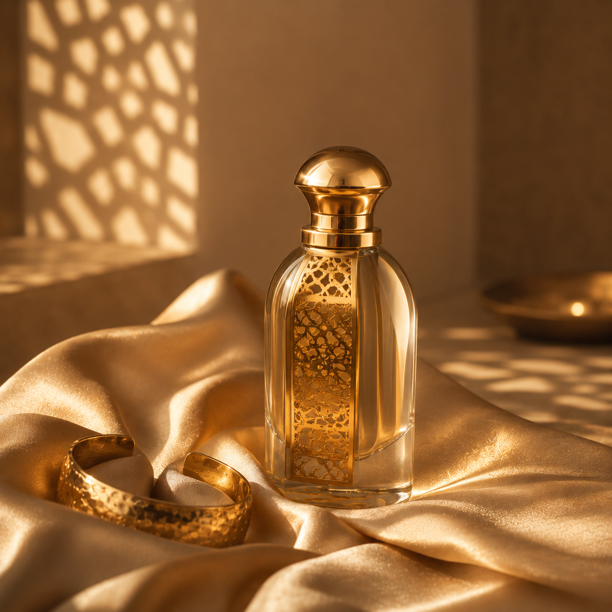 Objet luxe Orient Doré Hazellia Voyage — flacon parfum oriental contemporain et bijou doré sur satin champagne lumineux, ambiance couture orientale minimaliste et premium

