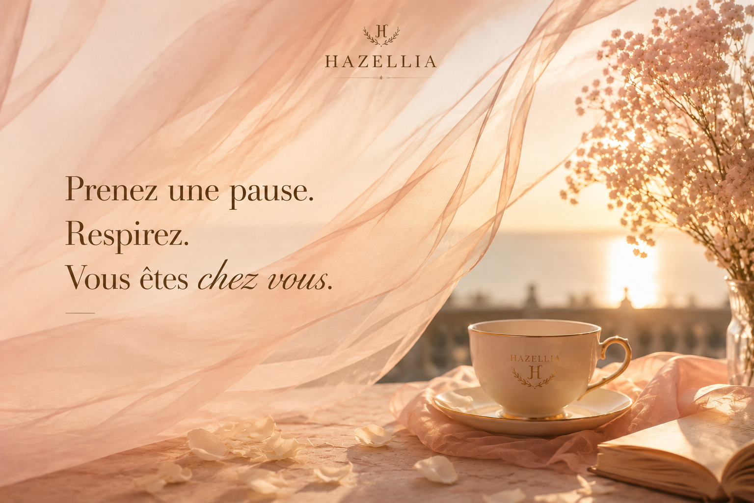 Univers Hazellia féminin et élégant avec voile rose poudré, lumière de fin de journée et message inspirant autour du bien-être et de la féminité.

