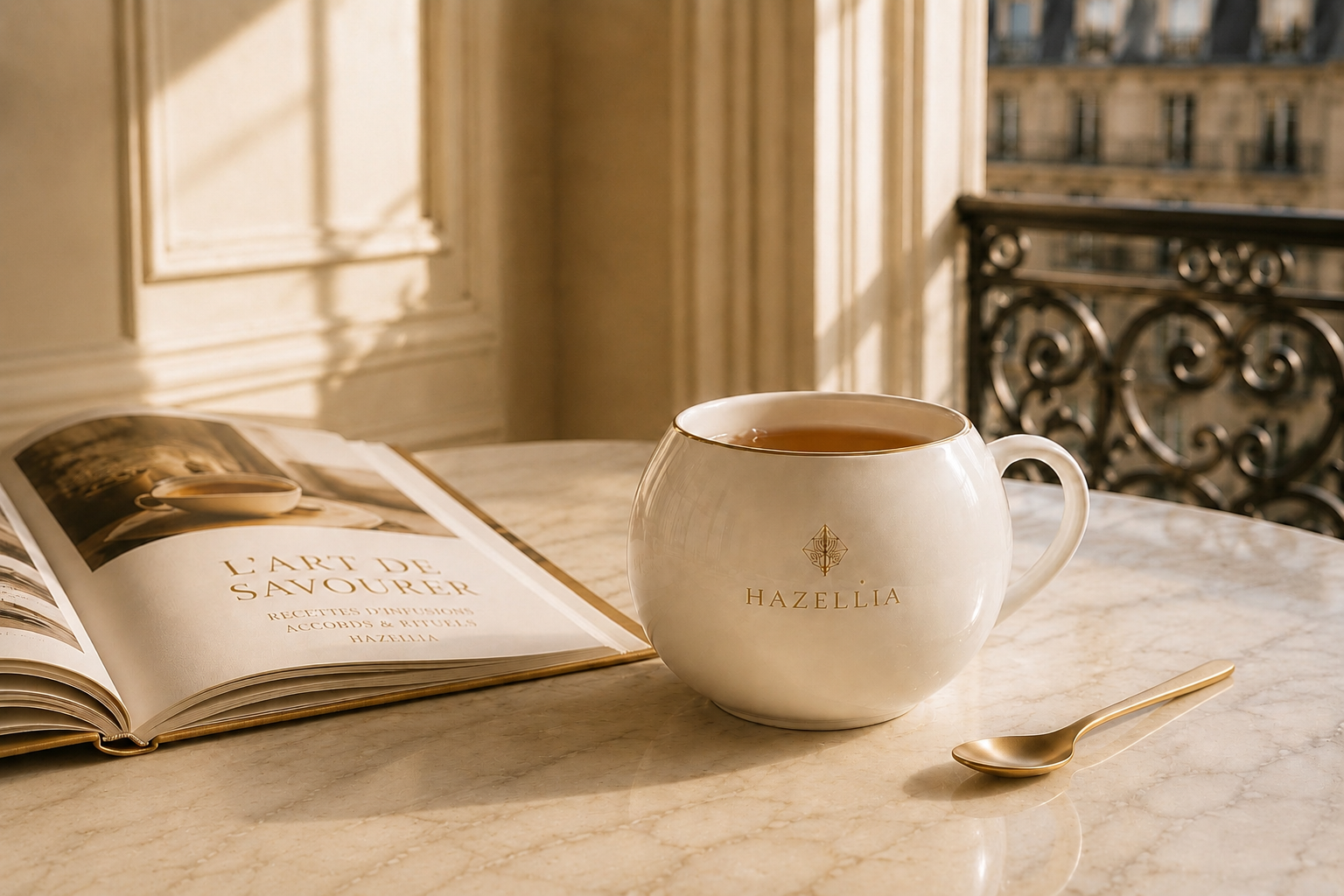 L’Art de Savourer Hazellia, recettes d’infusions HazBloom, mug Hazellia, rituel gourmand, dégustation d’infusion premium et art de vivre féminin
