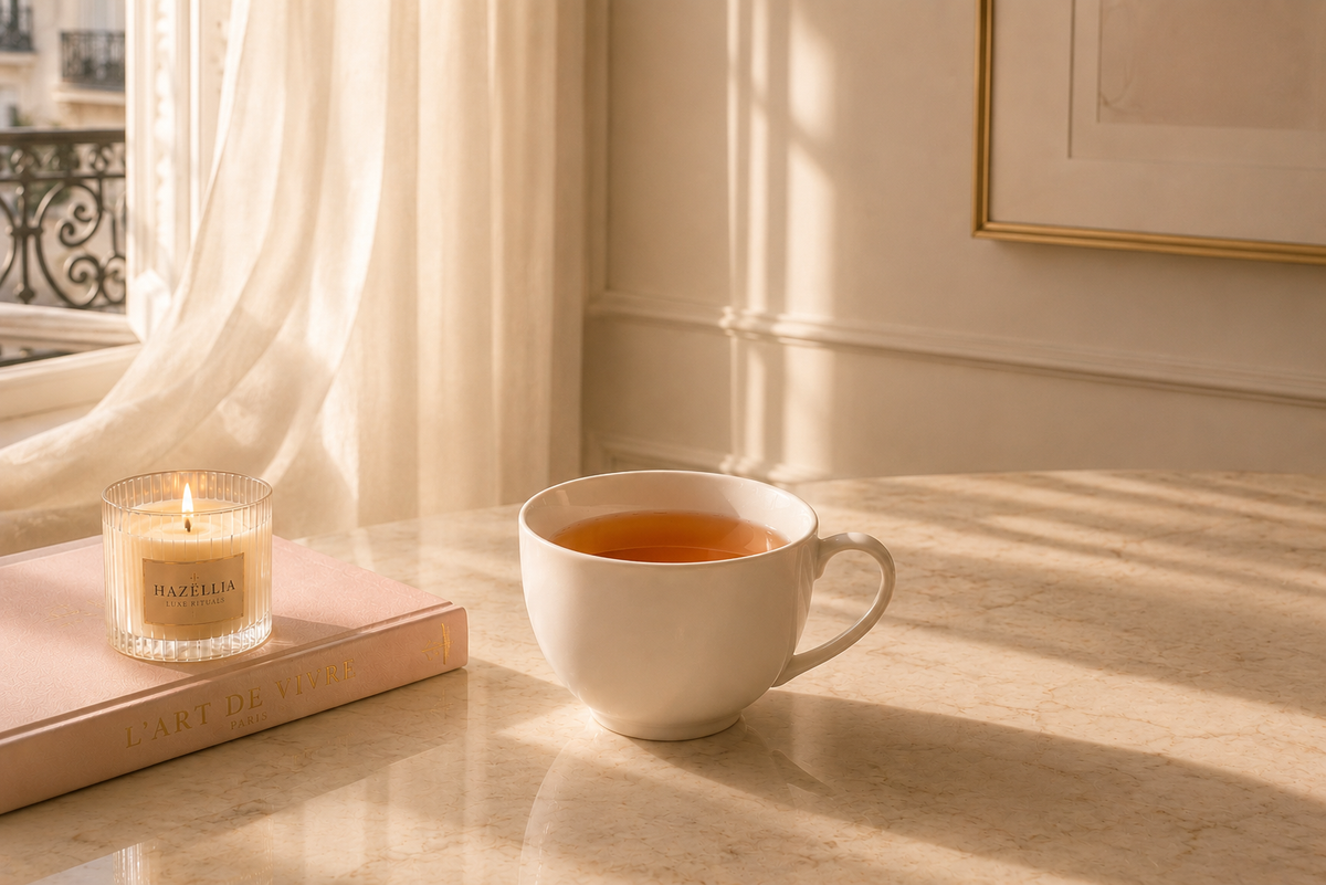 Rituel Éclat Rose de Rose Ritual, infusion bien-être dans un intérieur parisien ivoire et rose poudré – Femme Glamour Hazellia
