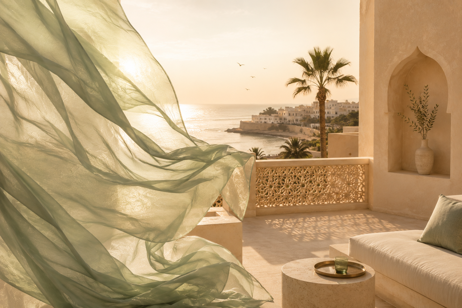 Terrasse lumineuse inspirée du Maroc avec voile vert sauge flottant face à la mer, univers Maroc Douceur de Hazellia Voyage associé à l’infusion Mint Atlas.

