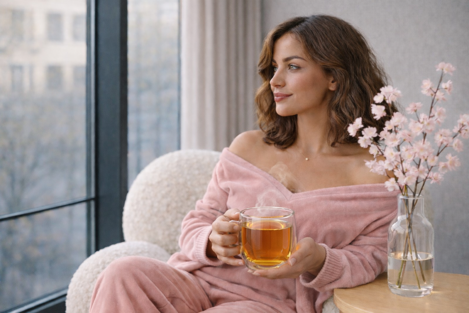 Femme élégante tenant une infusion chaude dans un univers floral lumineux, incarnation de l’âme Hazellia.

