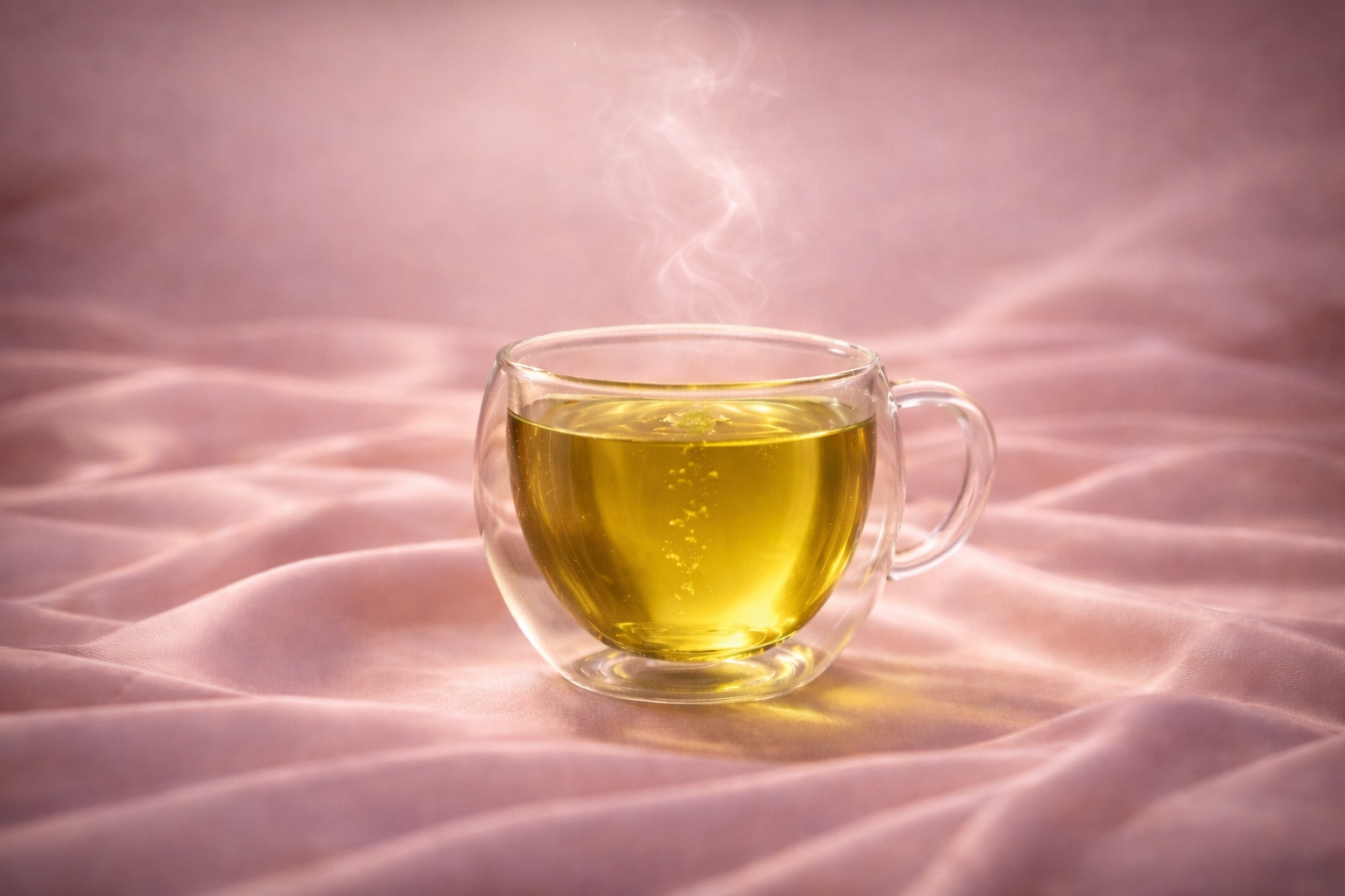 Green herbal infusion in a double wall glass cup on soft pink satin, feminine balance ritual and inner harmony wellness by Hazellia