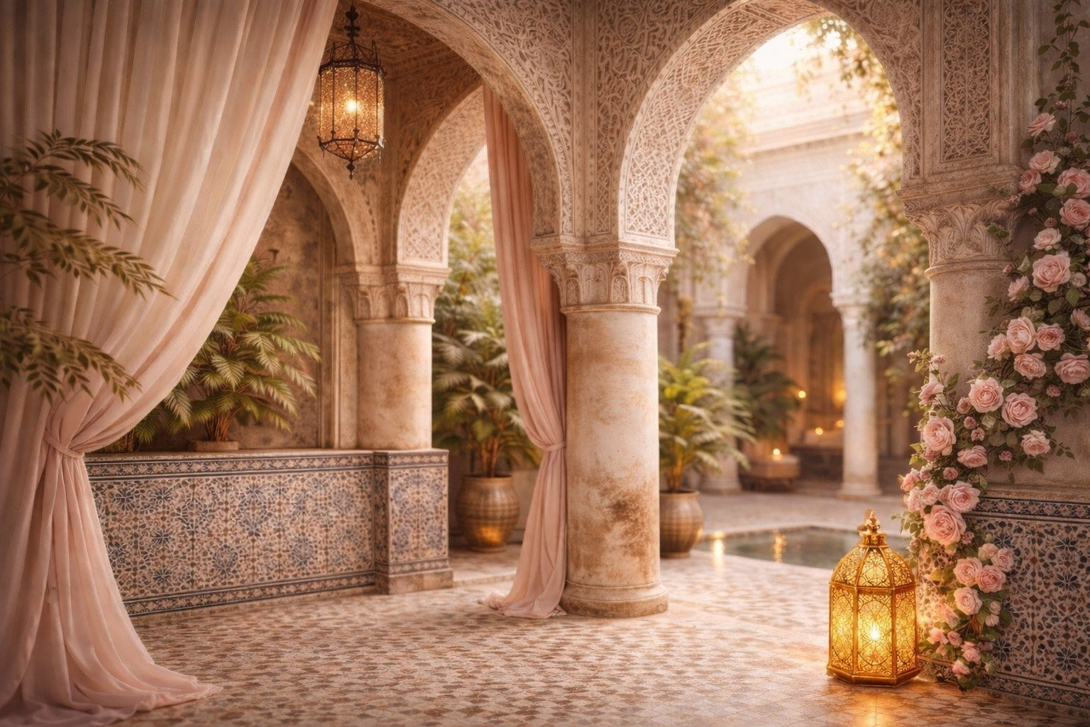 Arcade marocaine élégante avec mosaïques ivoire, lanterne dorée au sol et touches florales rose poudré, atmosphère douce, lumineuse et intemporelle.
