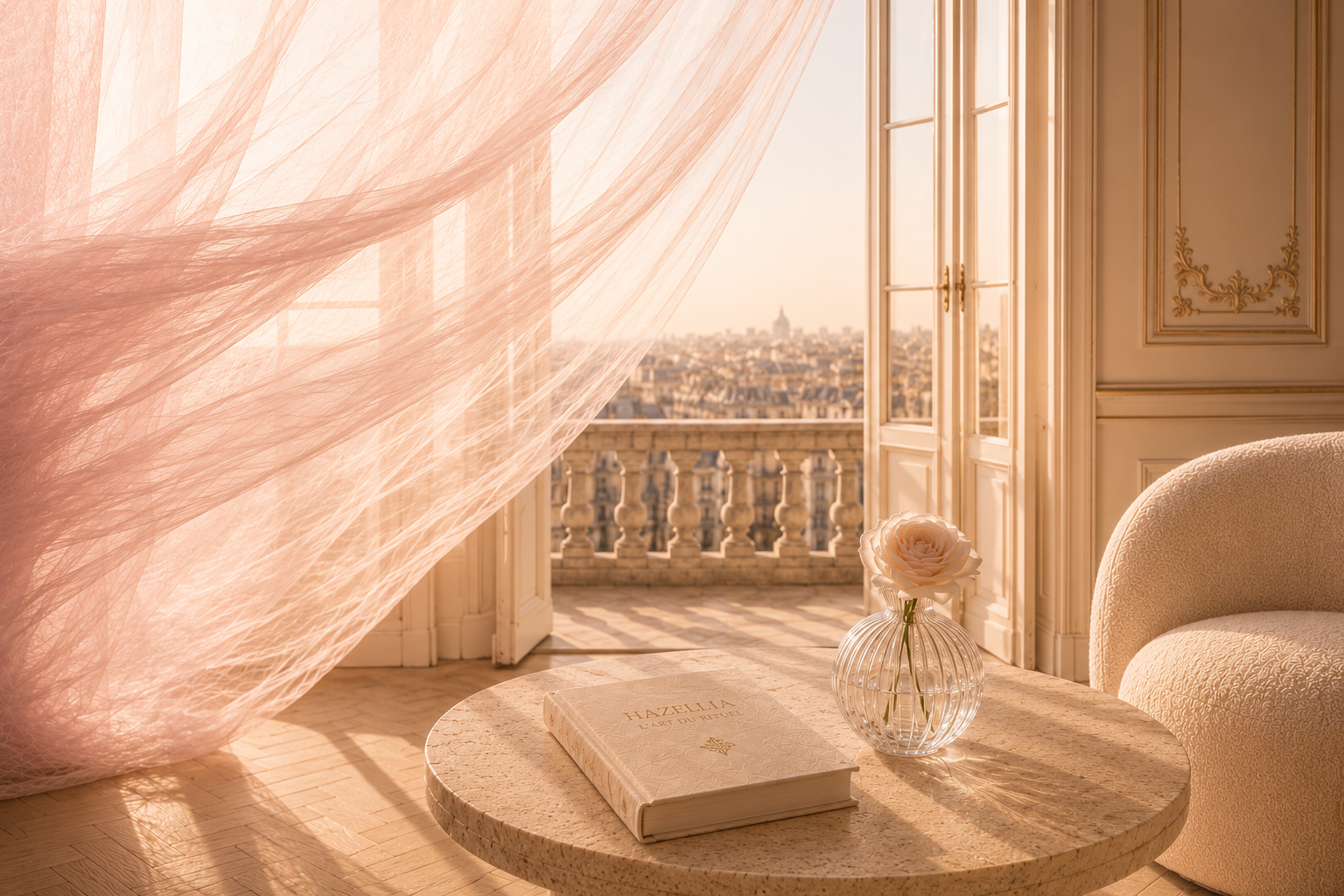Maison Hazellia, univers de rituel féminin premium avec voile rose poudré aérien, table ronde en pierre beige, livre ivoire et intérieur lumineux inspiré du luxe français.

