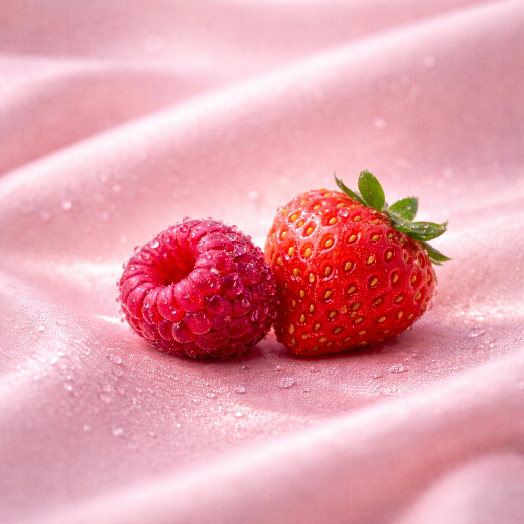 Framboise et fraise fraîches avec gouttelettes d’eau posées sur un satin rose poudré, symbolisant l’infusion BerryGlow Hazellia et l’éclat naturel des fruits rouges.

