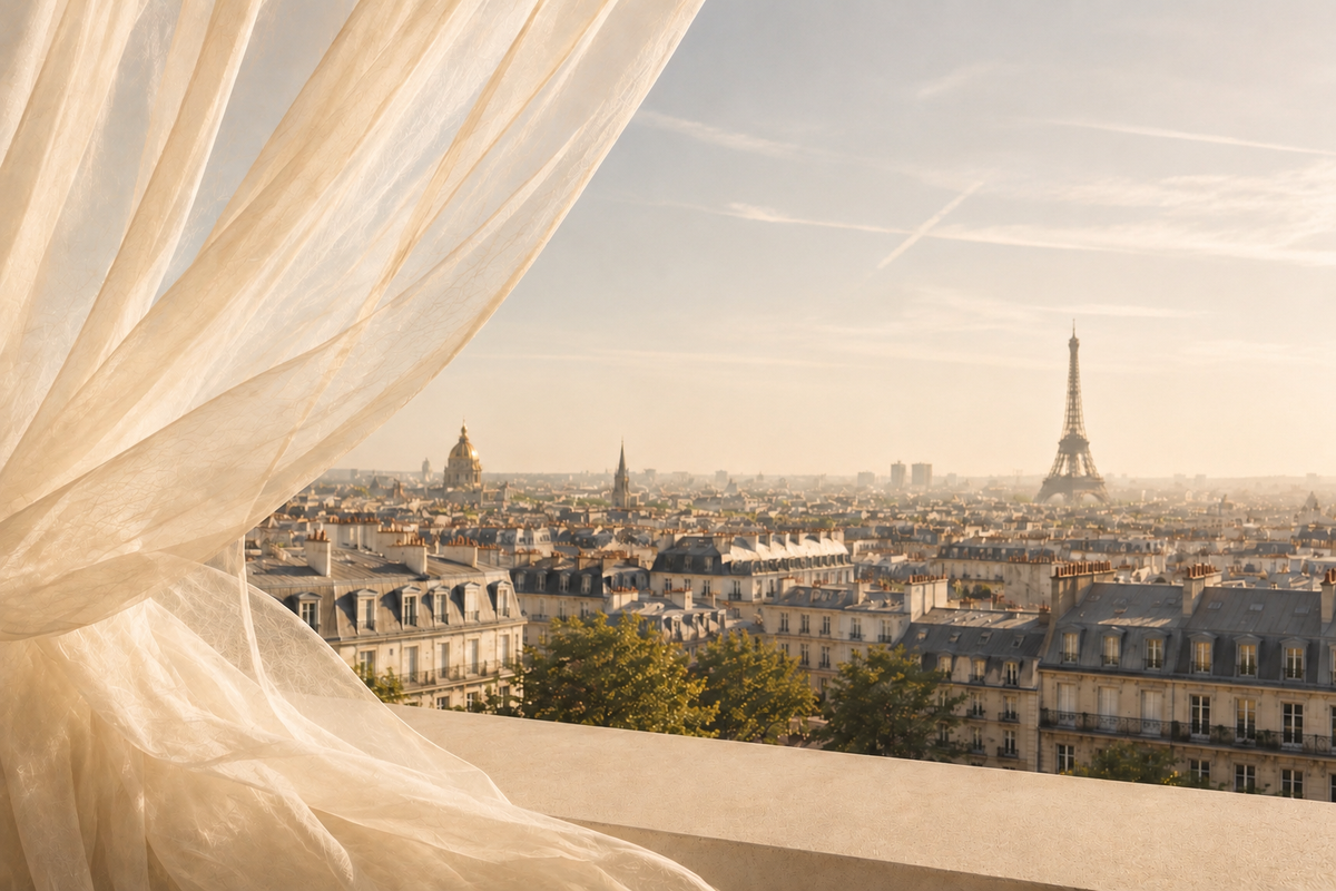 Évasion Paris Intemporel avec voile ivoire champagne aérien et vue lumineuse sur les toits de Paris et la Tour Eiffel – Hazellia

