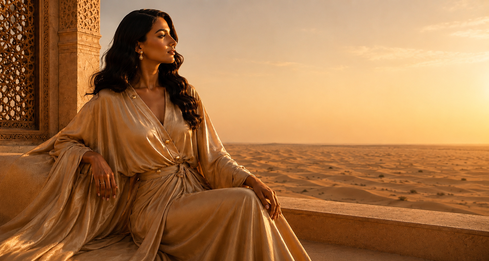 Femme orientale élégante en tenue satin champagne doré sur terrasse luxe au coucher du soleil, ambiance désert raffiné et architecture orientale Hazellia.

