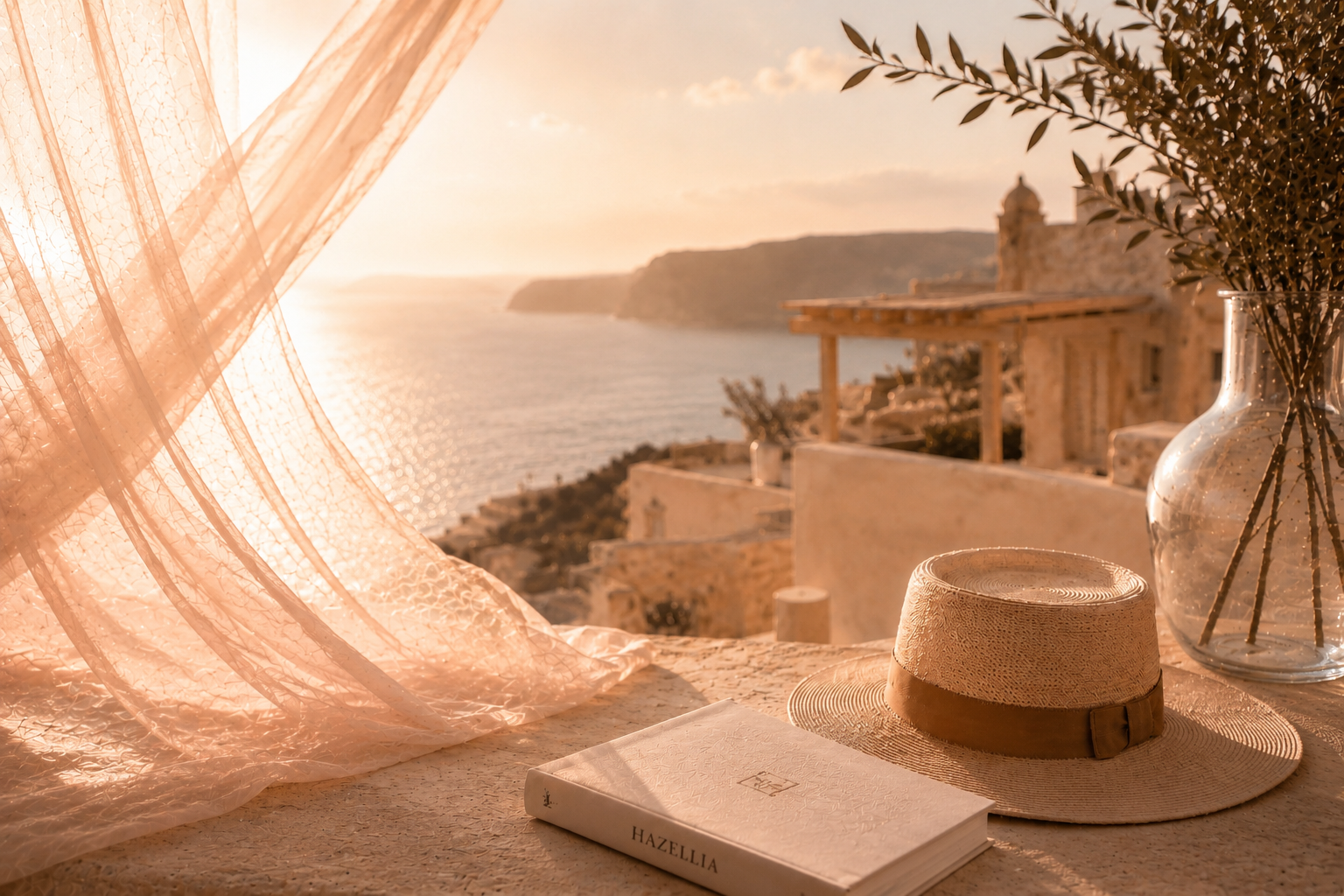 Carnet Hazellia posé face à la mer Méditerranée au coucher du soleil, voile aérien rose poudré et ambiance voyage élégante inspirée de l’art de vivre féminin

