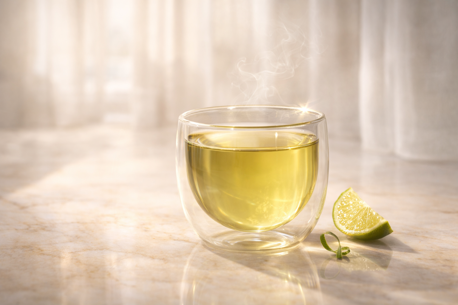 Rituel GlowTox infusion détox chaude, thé vert citron, vapeur élégante, moment pour soi haut de gamme.

