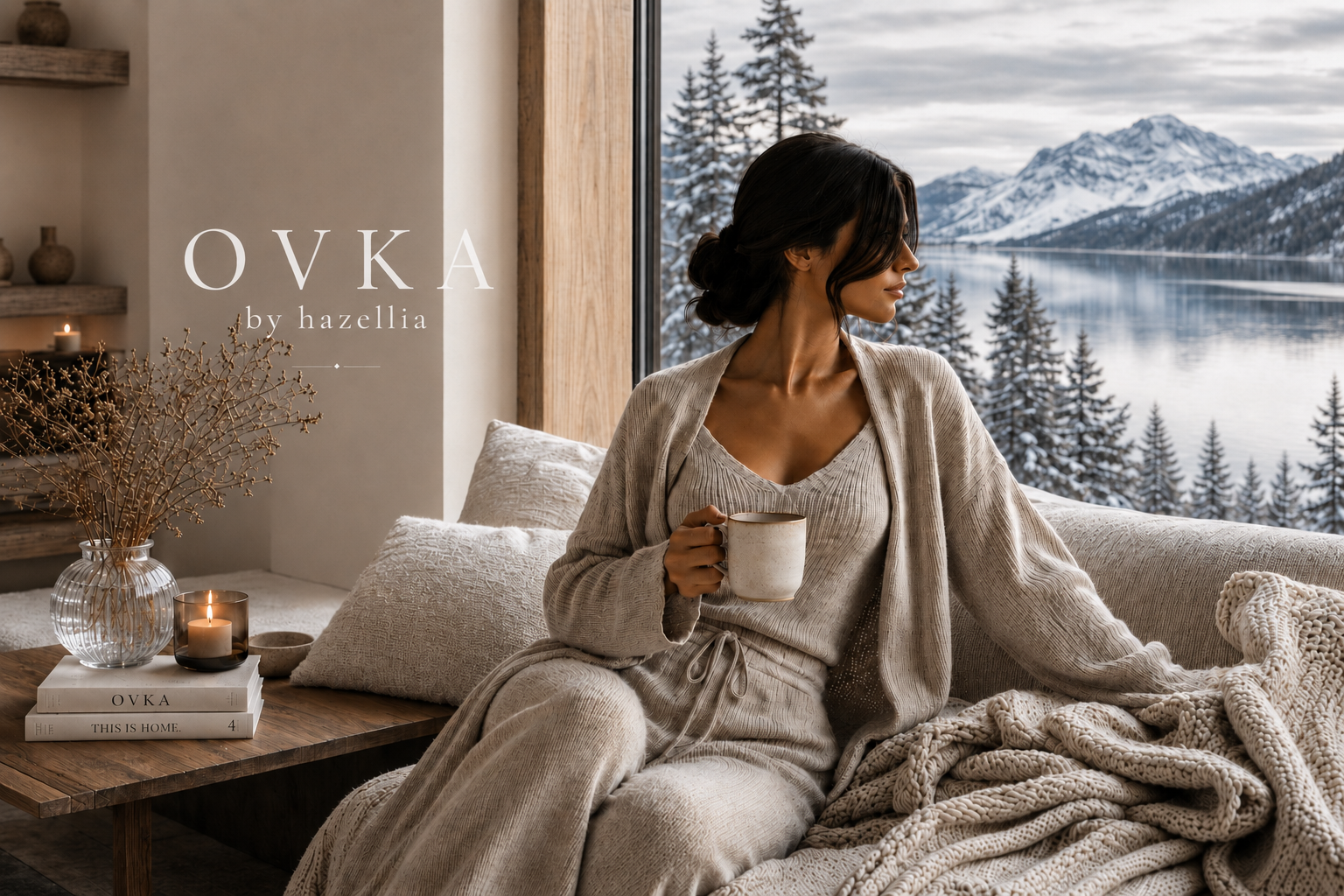Collection Ovka HazWear inspirée de Scandinavie Cocooning, femme élégante en maille ivoire.
