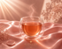 Infusion Rose ritual chaude dans un mug double paroi ovale transparent sur satin ivoire nacré, thé ambré clair avec vapeur délicate, lumière douce et ambiance luxe apaisante Hazellia inspirée des rituels bien-être féminins et du slow living.

