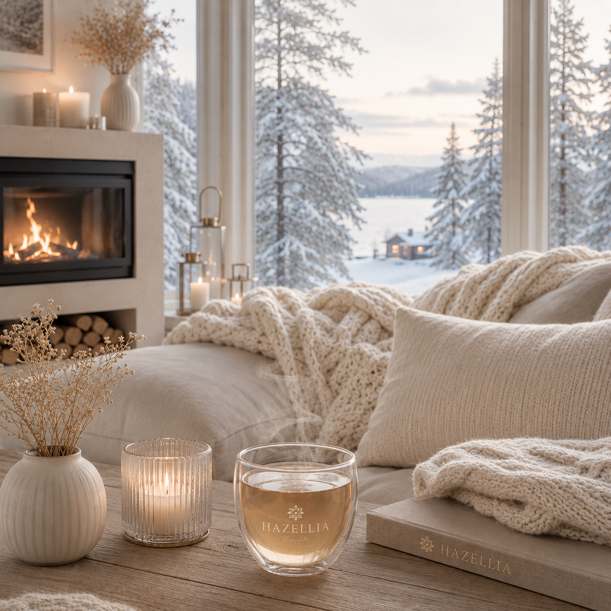 Intérieur scandinave cocooning avec infusion Hazellia, maille ivoire, cheminée et paysage enneigé dans une ambiance slow living luxe inspirée de la Scandinavie. 

