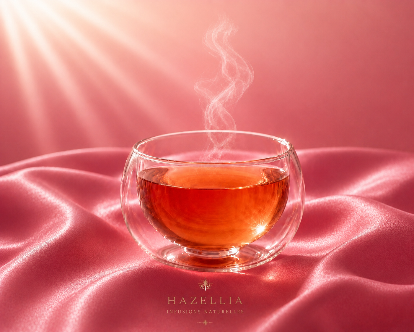Tasse d’infusion BerryGlow Hazellia fumante sur un satin rose framboise lumineux, infusion ambrée aux fruits rouges, rituel d’infusion élégant et féminin.

