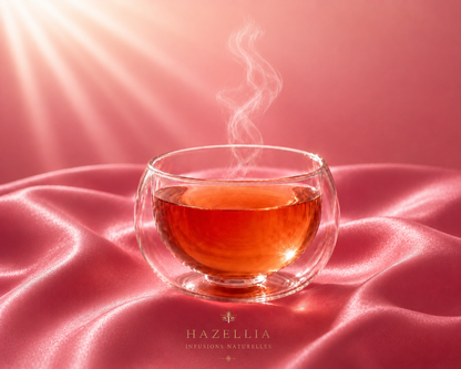 Infusion BerryGlow Hazellia dans un mug en verre double paroi, infusion ambrée aux fruits rouges sur un satin rose framboise, rituel beauté naturel et éclat.


