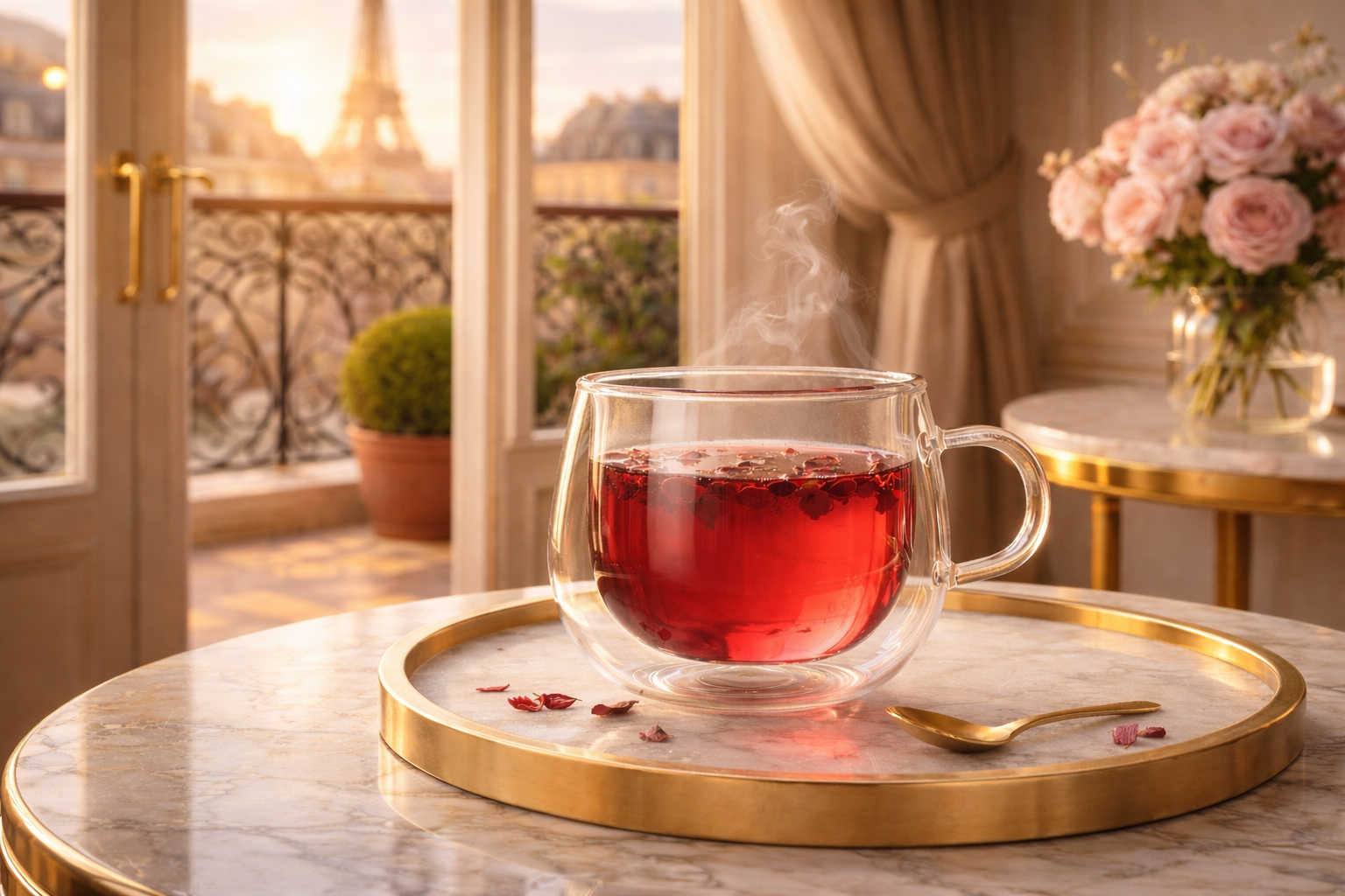Infusion hibiscus ROSE BLOOD rouge dans une tasse en verre sur table en marbre avec vue Tour Eiffel, ambiance élégance parisienne.


