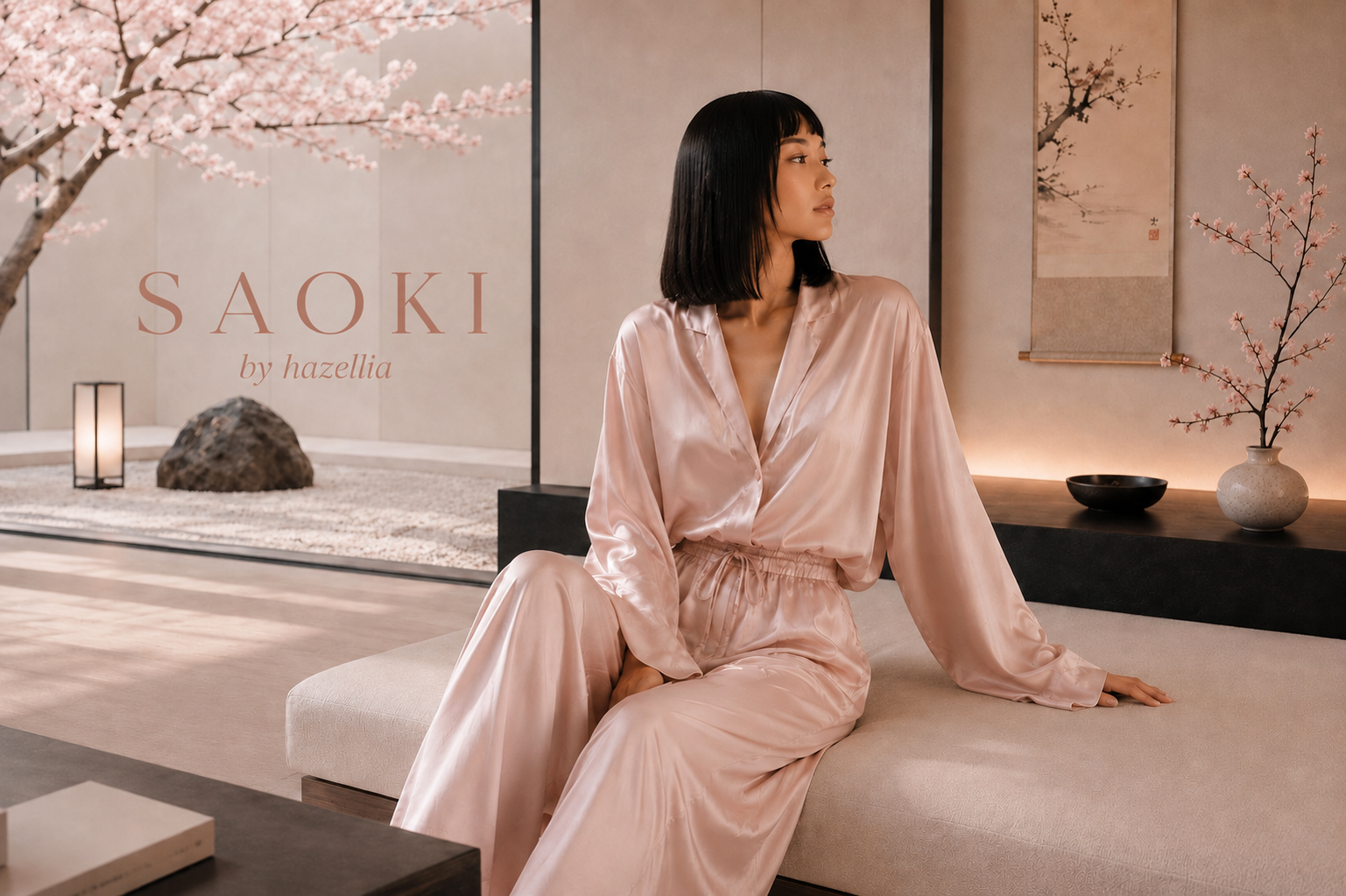 Collection Saoki HazWear inspirée du Japon Sakura, silhouette satinée rose.

