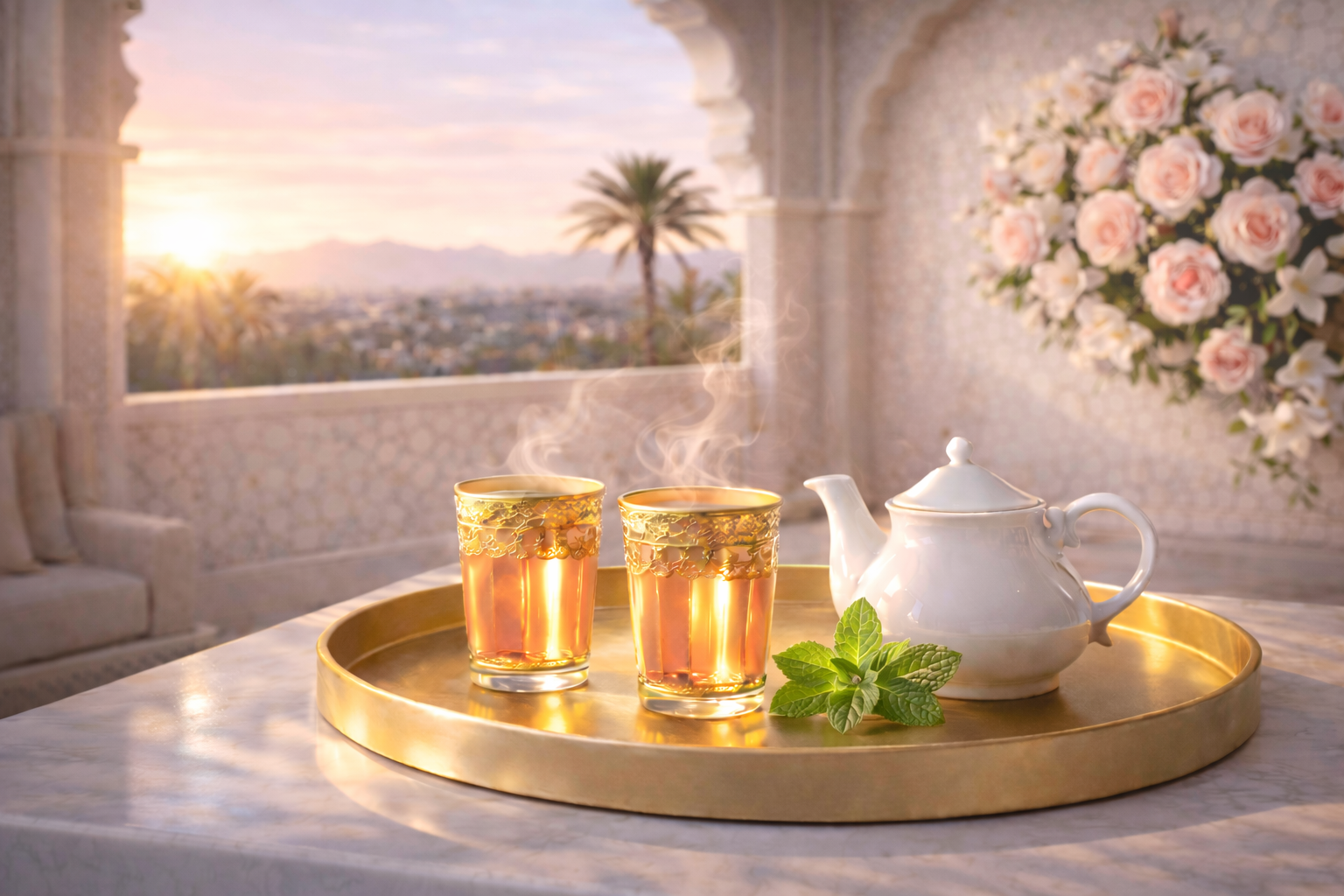 Infusion à la menthe servie dans des verres orientaux sur plateau doré, ambiance Maroc au lever du soleil, rituel bien-être Hazellia Mint Atlas.

