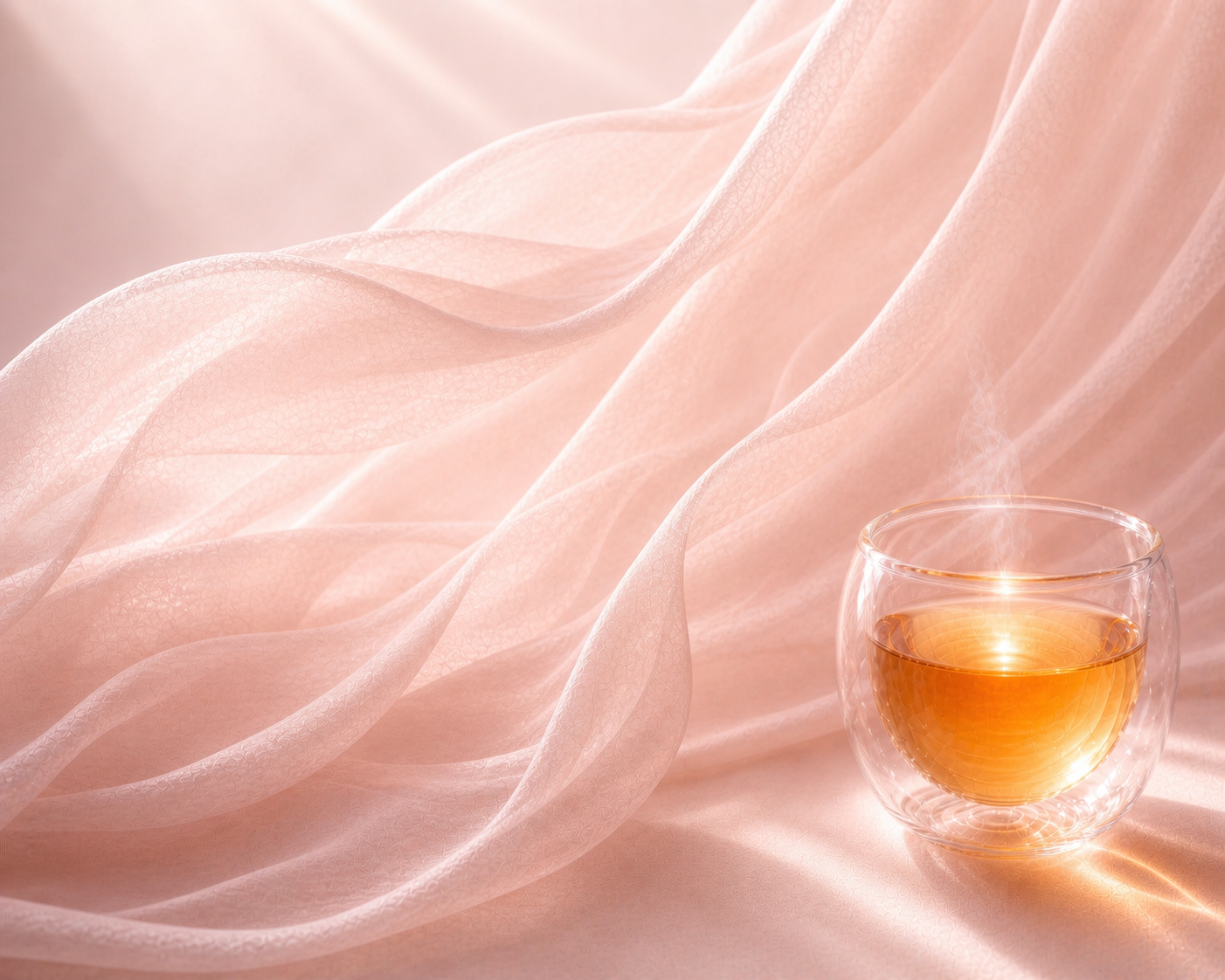 Infusion dorée Hazellia dans une tasse en verre double paroi, ambiance luxe avec voile rose poudré, style campagne parfum féminin élégant

