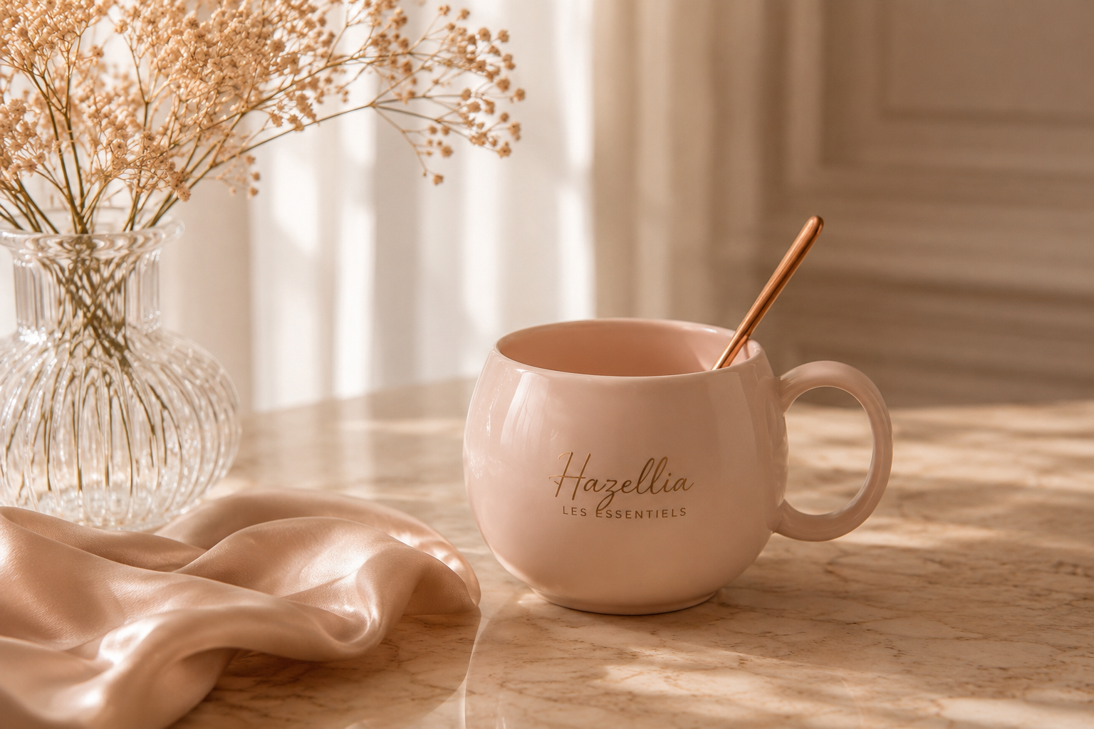 Mug Hazellia rose poudré avec cuillère dorée dans un univers slow living et accessoires du rituel féminin.