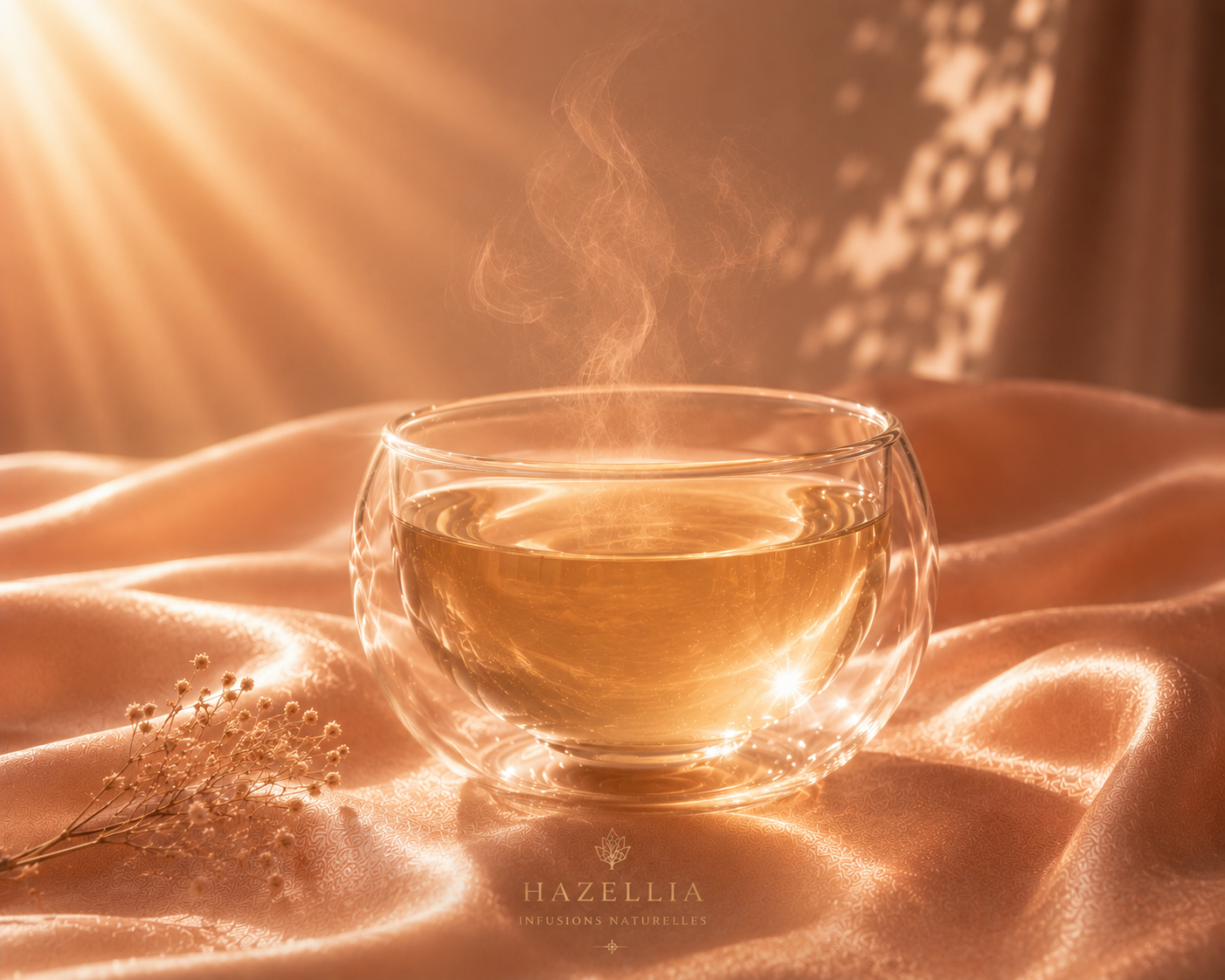 Infusion GlowTox chaude dans un mug double paroi ovale transparent sur satin pêche rosé lumineux, vapeur délicate et lumière dorée premium style campagne luxe Hazellia, infusion ambrée claire bien-être féminin et glow naturel.